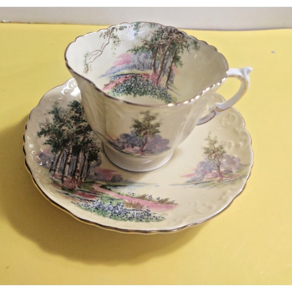Vintage Aynsley England Bone China Yellow Tea Cup & Saucer Bluebell Time 1940's
